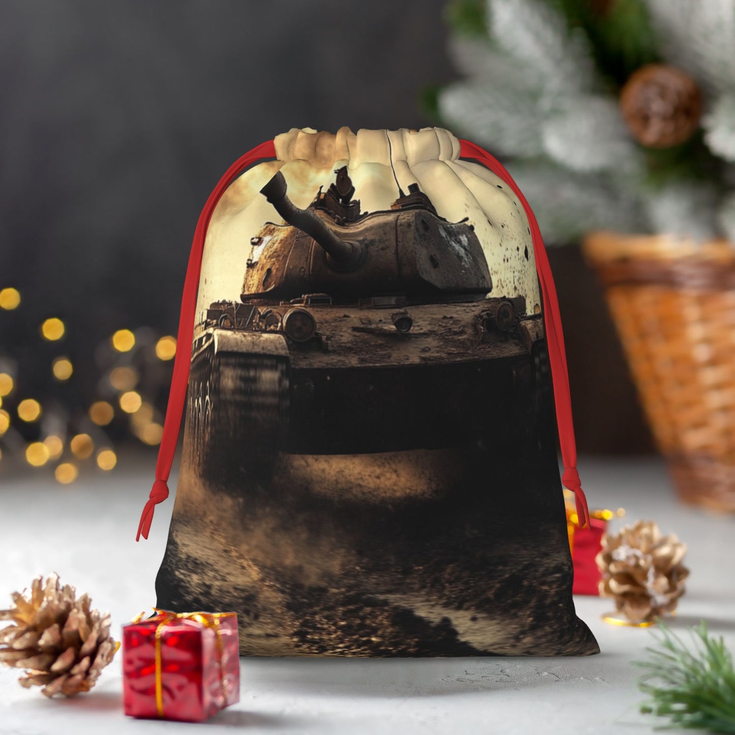 Retro Tank Print Ultra-Soft Velvet Drawstring Gift Bag Large-Capacity Storage Pouch (30×40cm)