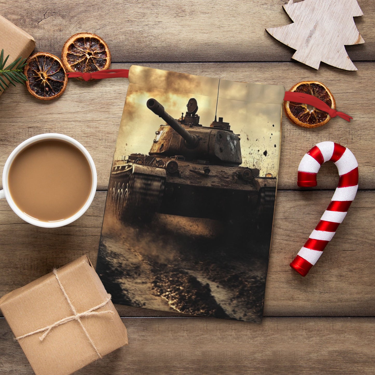 Retro Tank Print Ultra-Soft Velvet Drawstring Gift Bag Large-Capacity Storage Pouch (30×40cm)