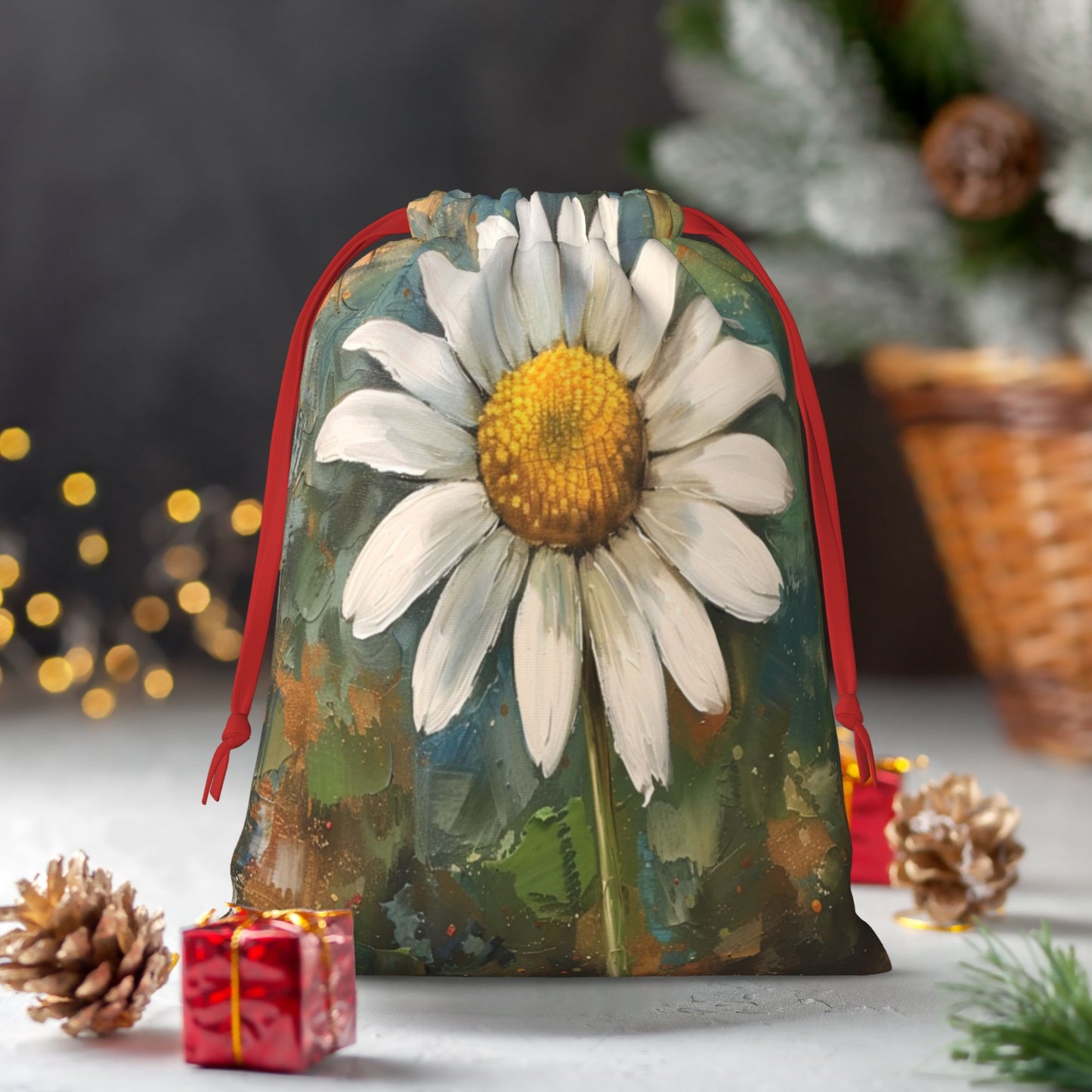 Daisy Print Ultra-Soft Velvet Drawstring Gift Bag Large-Capacity Storage Pouch (30×40cm)