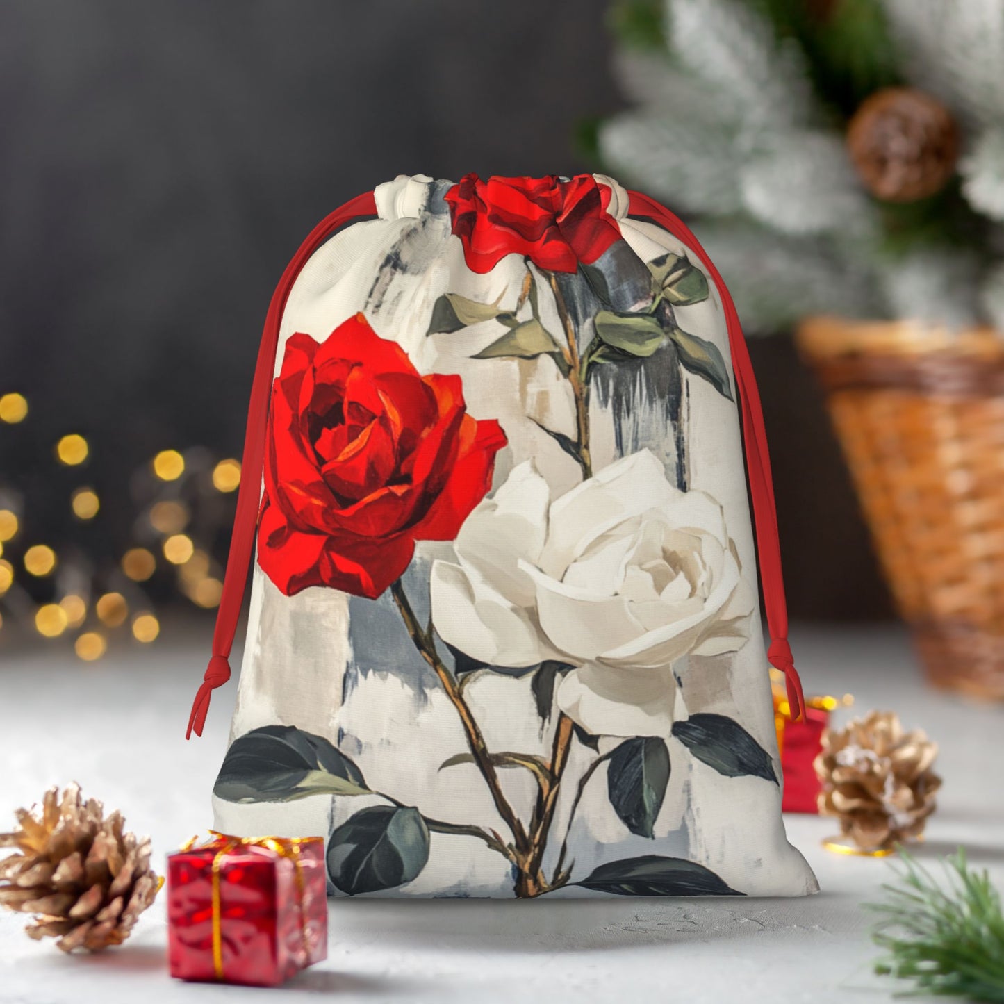 Red & White Rose Print Ultra-Soft Velvet Drawstring Gift Bag Large-Capacity Storage Pouch (30×40cm)