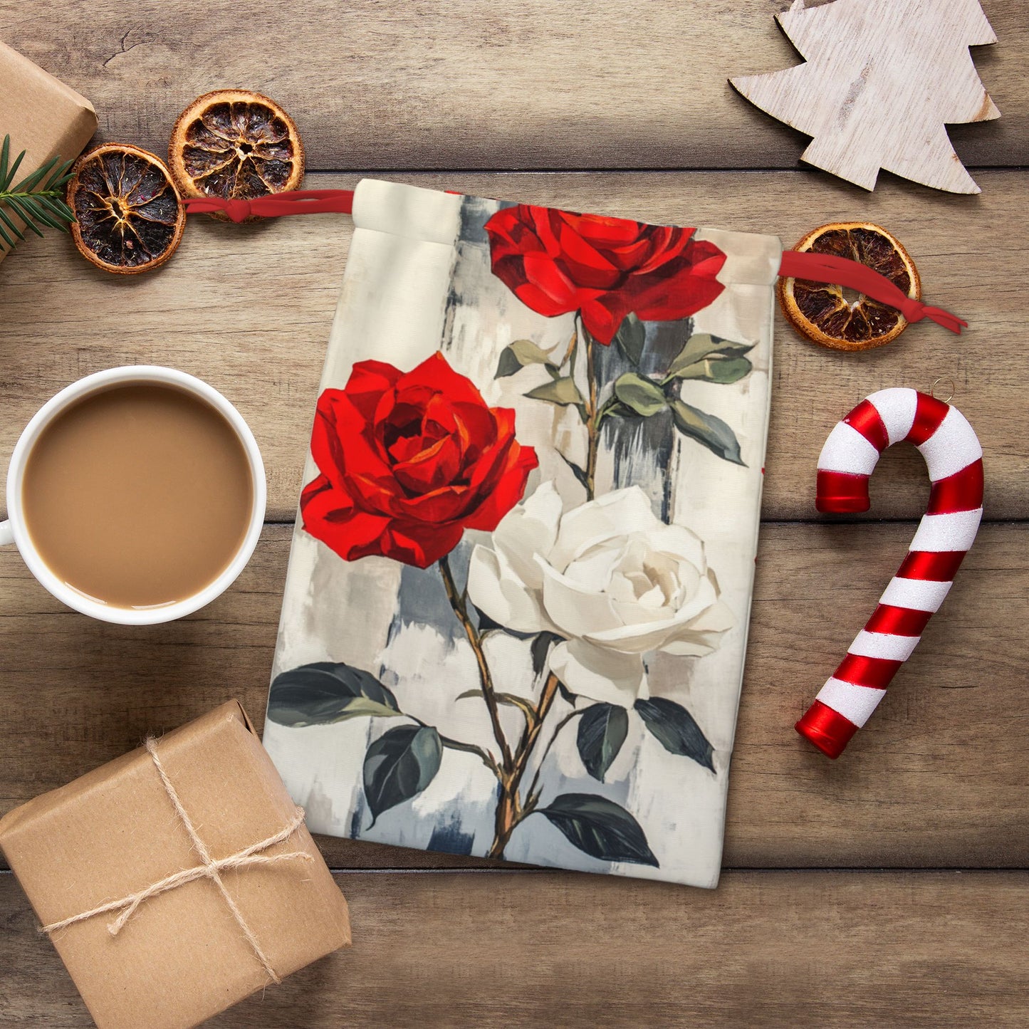 Red & White Rose Print Ultra-Soft Velvet Drawstring Gift Bag Large-Capacity Storage Pouch (30×40cm)
