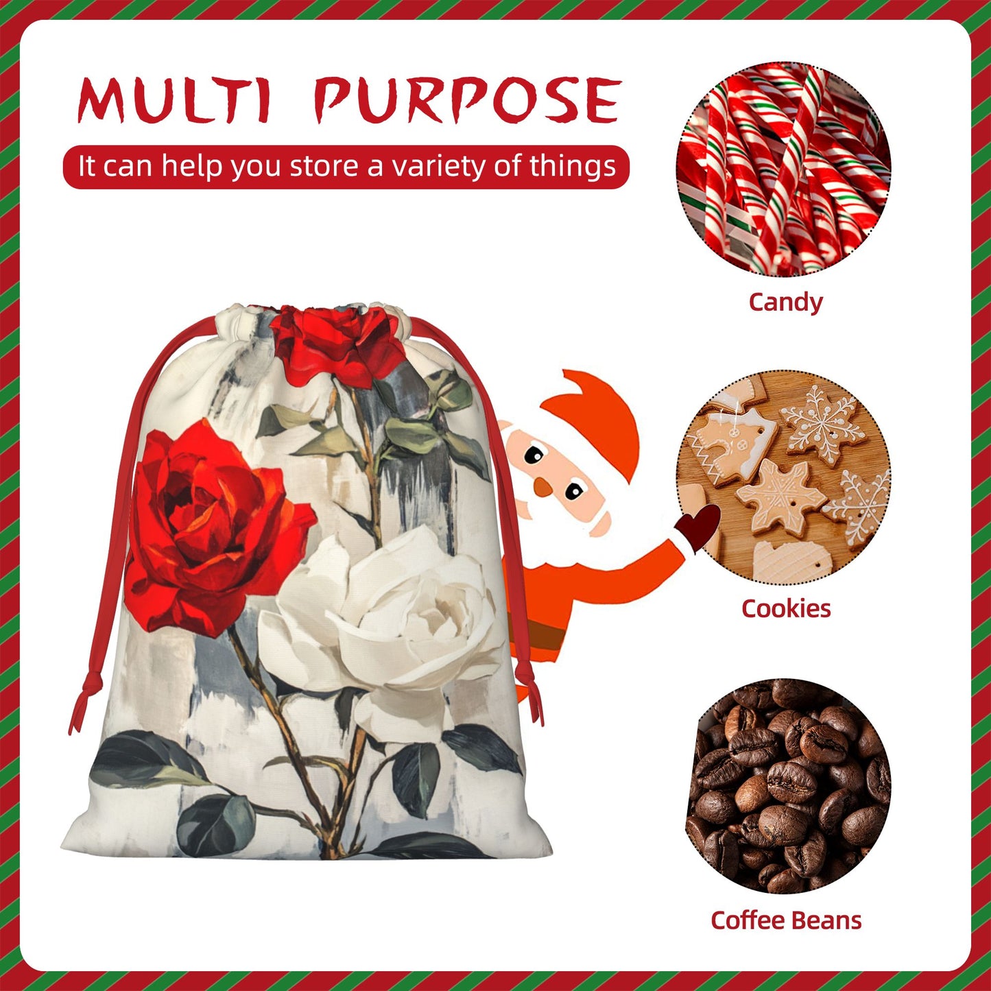 Red & White Rose Print Ultra-Soft Velvet Drawstring Gift Bag Large-Capacity Storage Pouch (30×40cm)