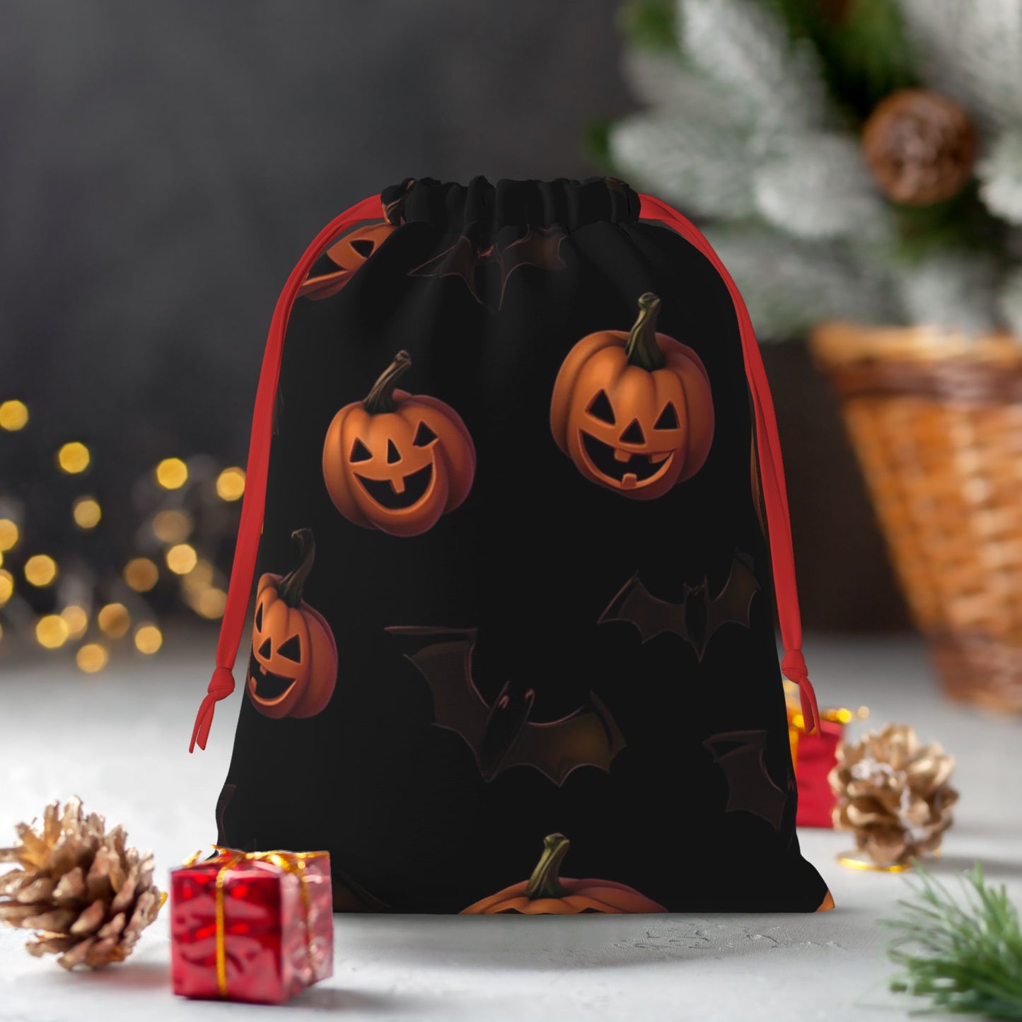 Halloween Pumpkin & Bat Print Ultra-Soft Velvet Drawstring Gift Bag Large-Capacity Storage Pouch (30Ć40cm)
