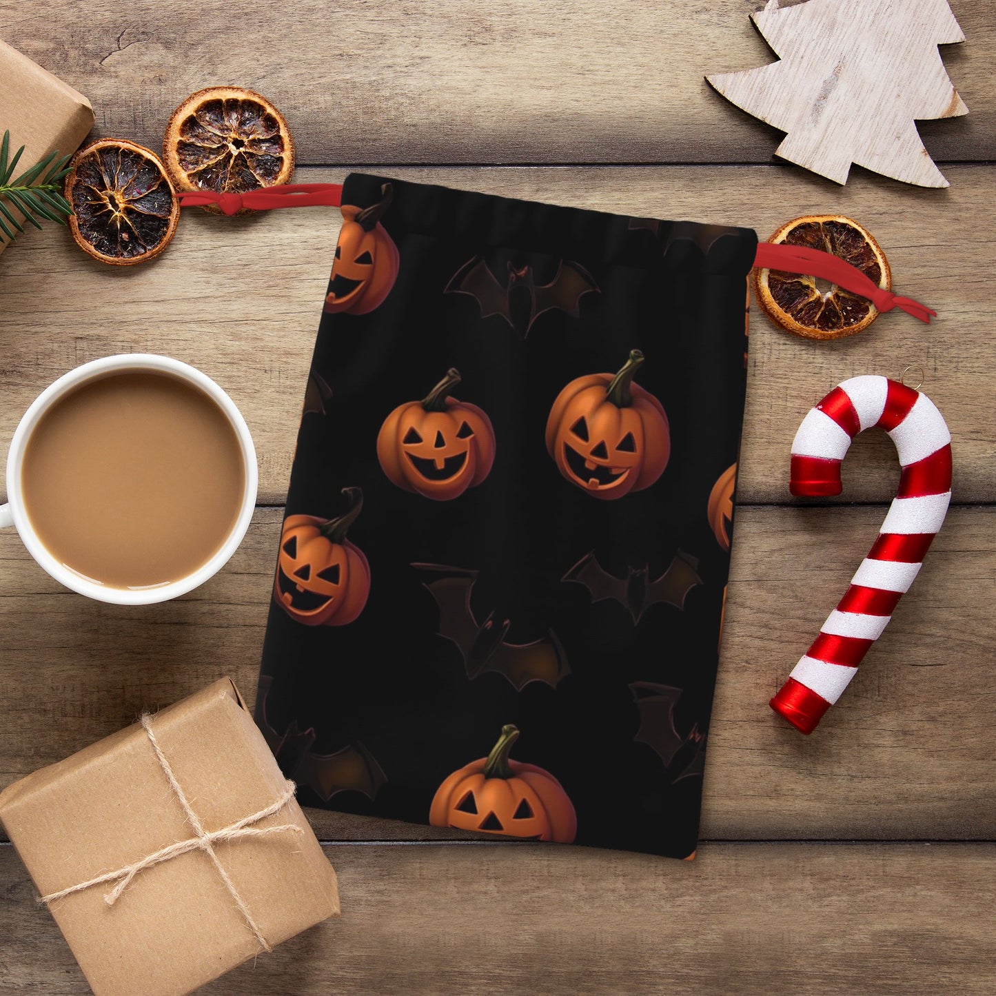 Halloween Pumpkin & Bat Print Ultra-Soft Velvet Drawstring Gift Bag Large-Capacity Storage Pouch (30Ć40cm)