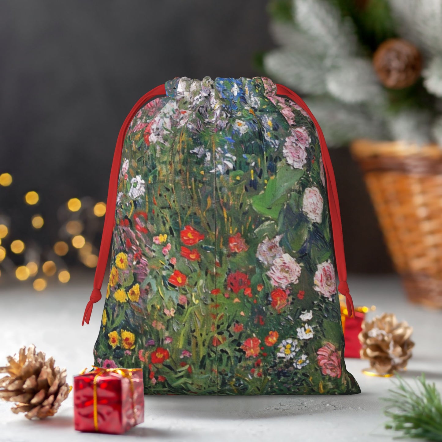 Floral Oil-Painting Style Print Ultra-Soft Velvet Drawstring Gift Bag Large-Capacity Storage Pouch (30×40cm)