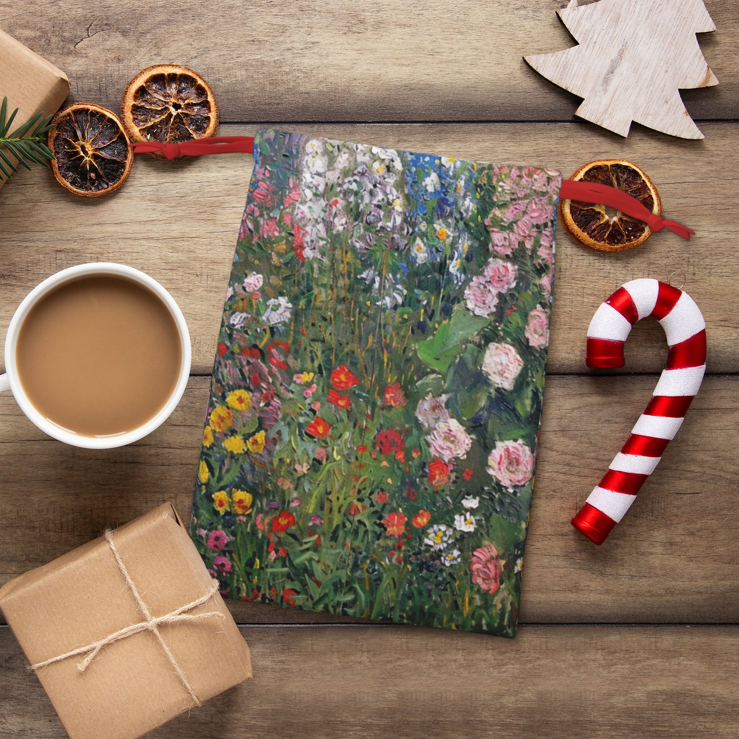 Floral Oil-Painting Style Print Ultra-Soft Velvet Drawstring Gift Bag Large-Capacity Storage Pouch (30×40cm)