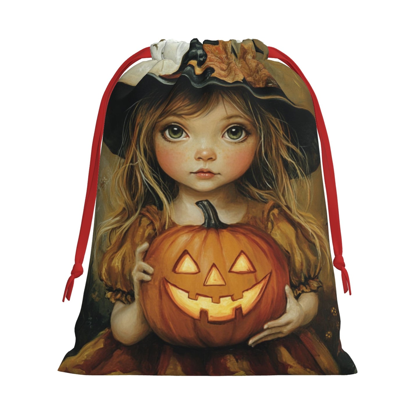 Halloween Girl with Pumpkin Lantern Print Ultra-Soft Velvet Drawstring Gift Bag Large-Capacity Storage Pouch (30×40cm)