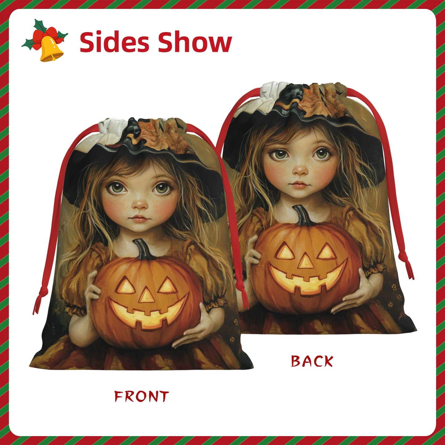 Halloween Girl with Pumpkin Lantern Print Ultra-Soft Velvet Drawstring Gift Bag Large-Capacity Storage Pouch (30×40cm)