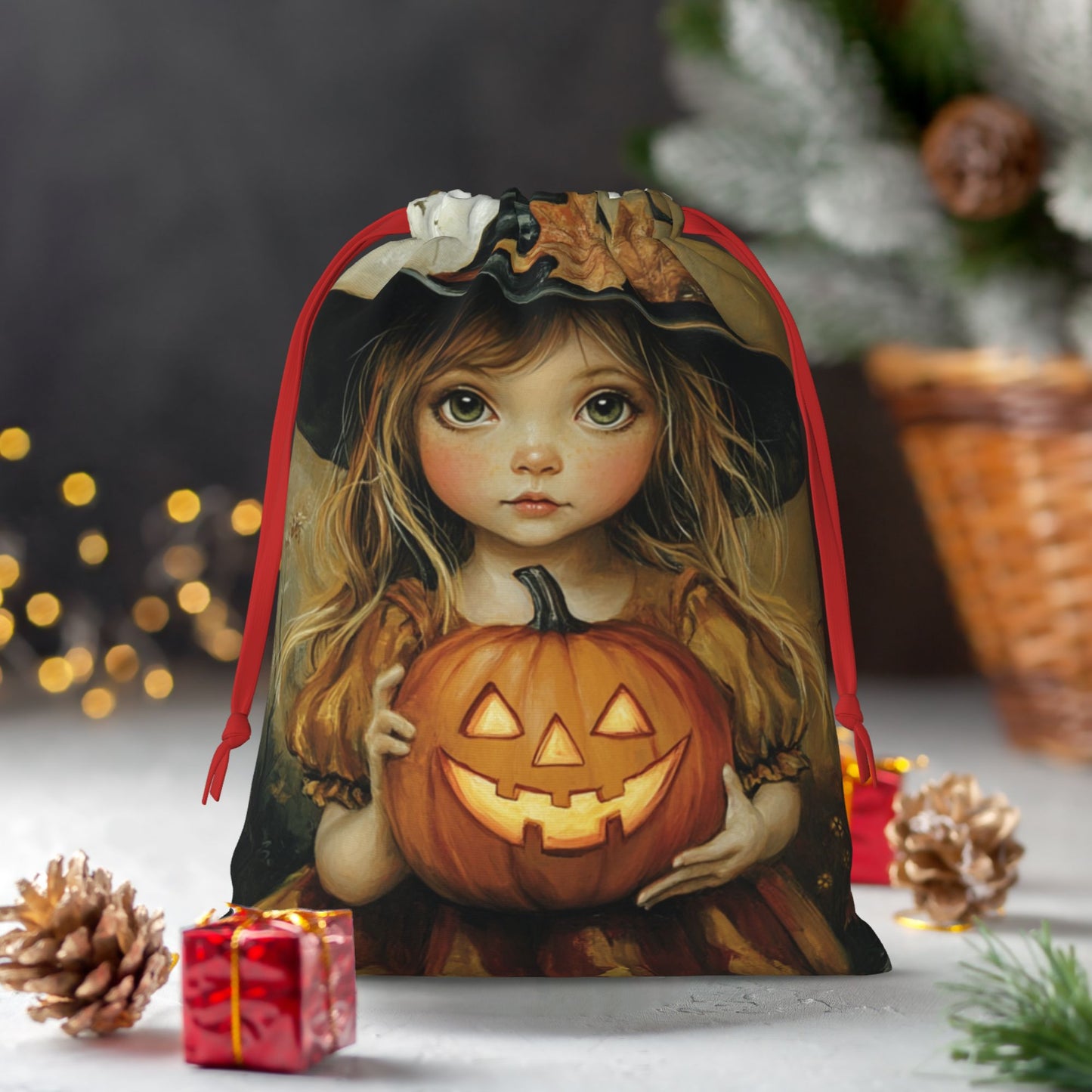 Halloween Girl with Pumpkin Lantern Print Ultra-Soft Velvet Drawstring Gift Bag Large-Capacity Storage Pouch (30×40cm)