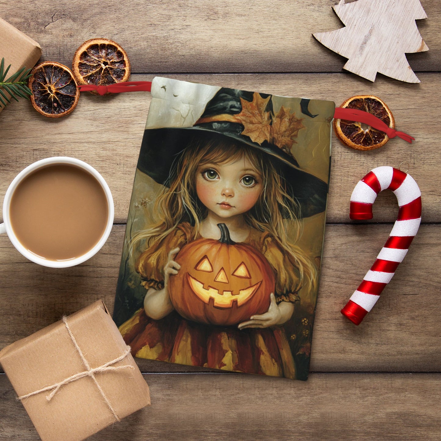 Halloween Girl with Pumpkin Lantern Print Ultra-Soft Velvet Drawstring Gift Bag Large-Capacity Storage Pouch (30×40cm)