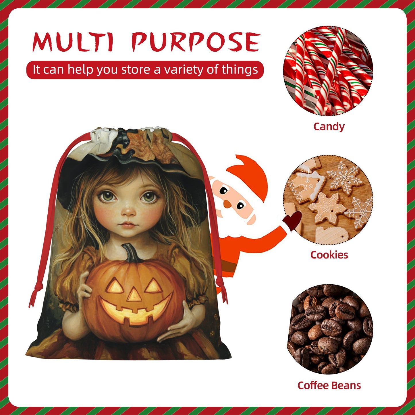 Halloween Girl with Pumpkin Lantern Print Ultra-Soft Velvet Drawstring Gift Bag Large-Capacity Storage Pouch (30×40cm)