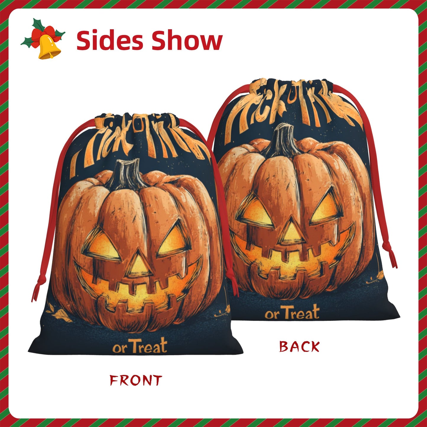 Halloween Pumpkin Lantern Illustration Print Ultra-Soft Velvet Drawstring Gift Bag Large-Capacity Storage Pouch (30×40cm)