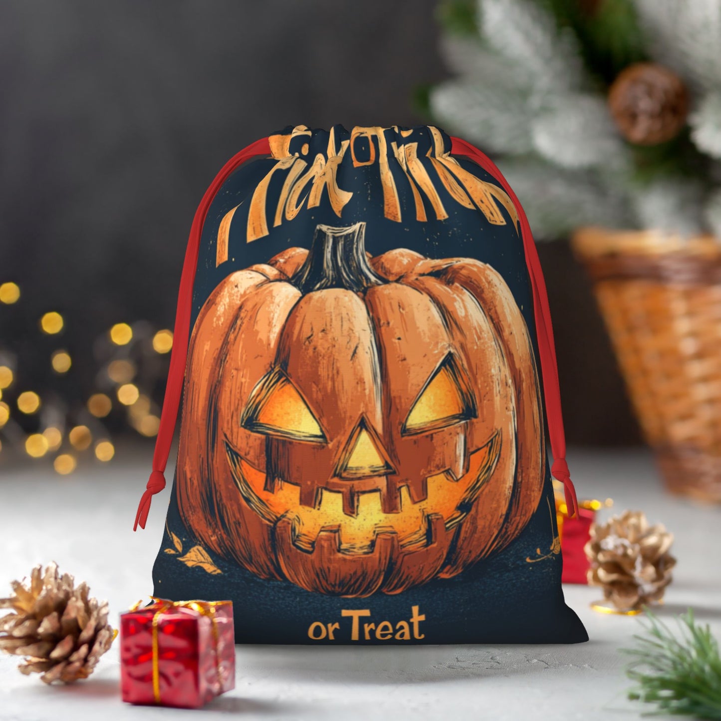 Halloween Pumpkin Lantern Illustration Print Ultra-Soft Velvet Drawstring Gift Bag Large-Capacity Storage Pouch (30×40cm)