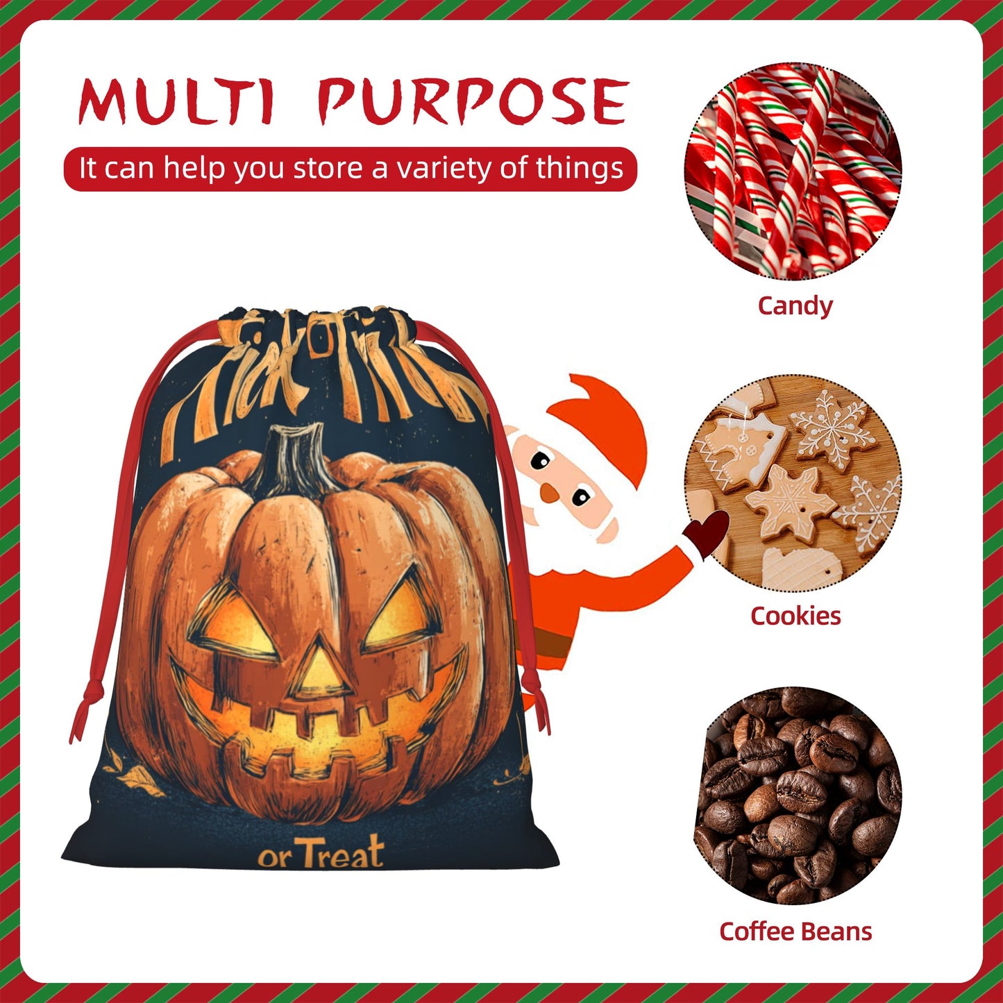 Halloween Pumpkin Lantern Illustration Print Ultra-Soft Velvet Drawstring Gift Bag Large-Capacity Storage Pouch (30×40cm)