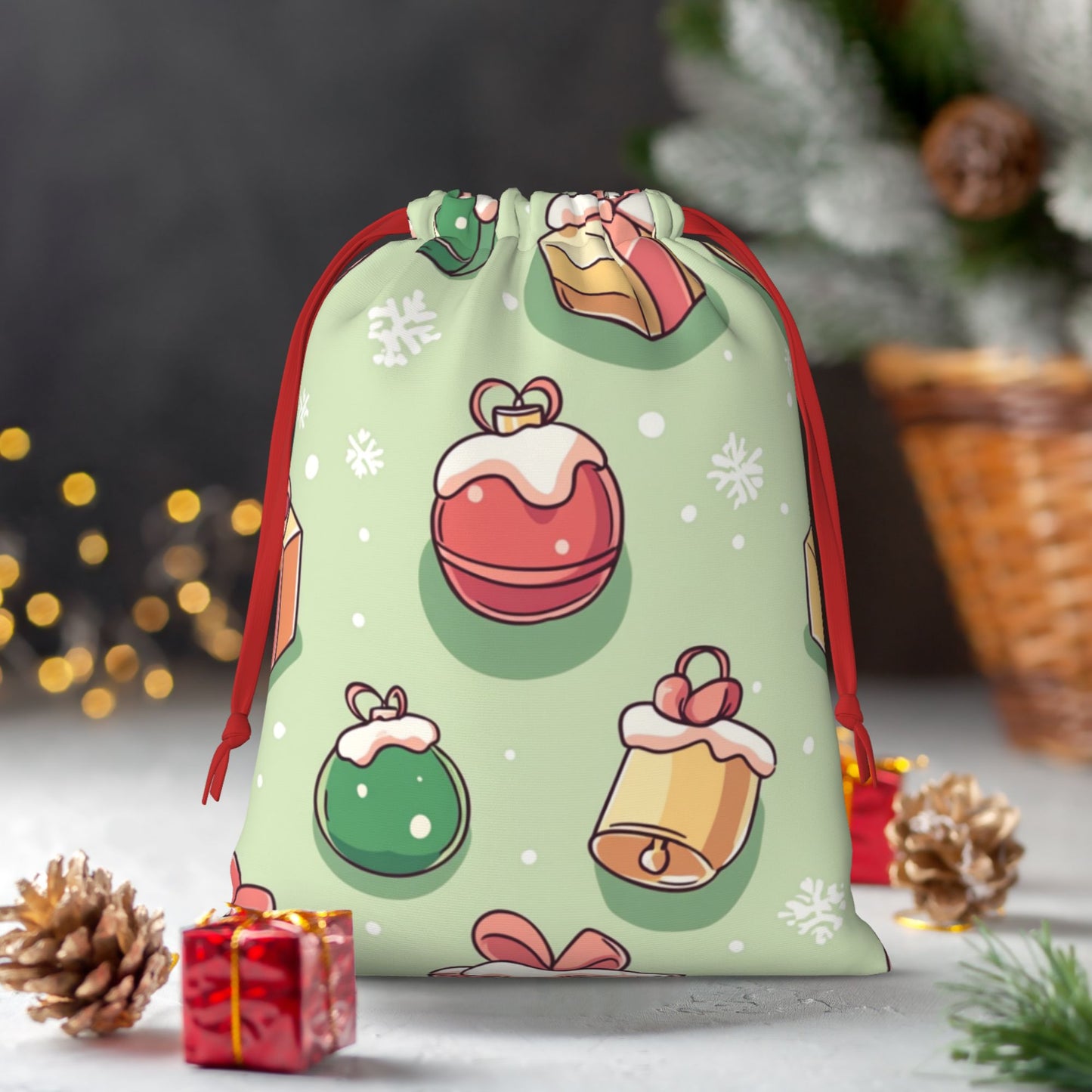Christmas Ornaments Print Ultra-Soft Velvet Drawstring Gift Bag Large-Capacity Storage Pouch (30×40cm)