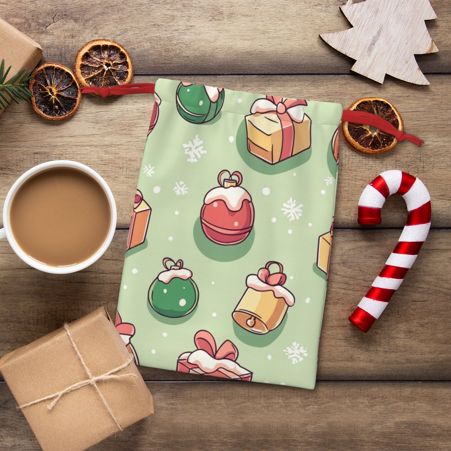 Christmas Ornaments Print Ultra-Soft Velvet Drawstring Gift Bag Large-Capacity Storage Pouch (30×40cm)