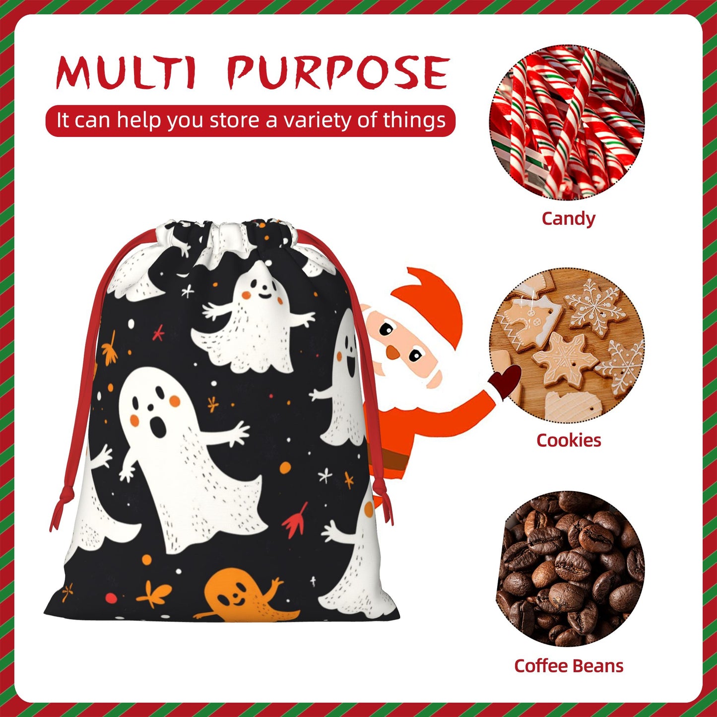 Halloween Cartoon Ghost Print Ultra-Soft Velvet Drawstring Gift Bag Large-Capacity Storage Pouch (30×40cm)