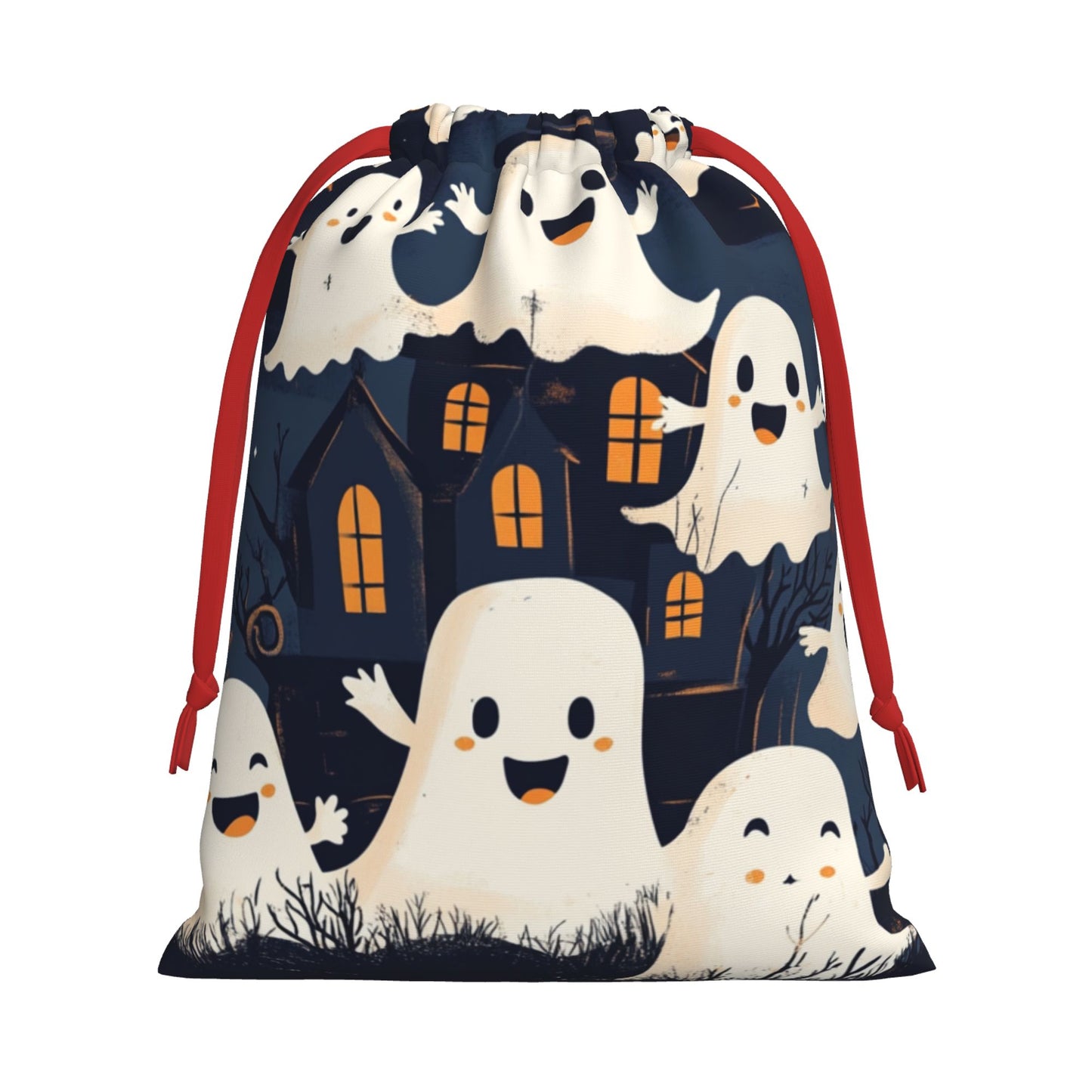Halloween Haunted House Ghost Print Ultra-Soft Velvet Drawstring Gift Bag Large-Capacity Storage Pouch (30×40cm)