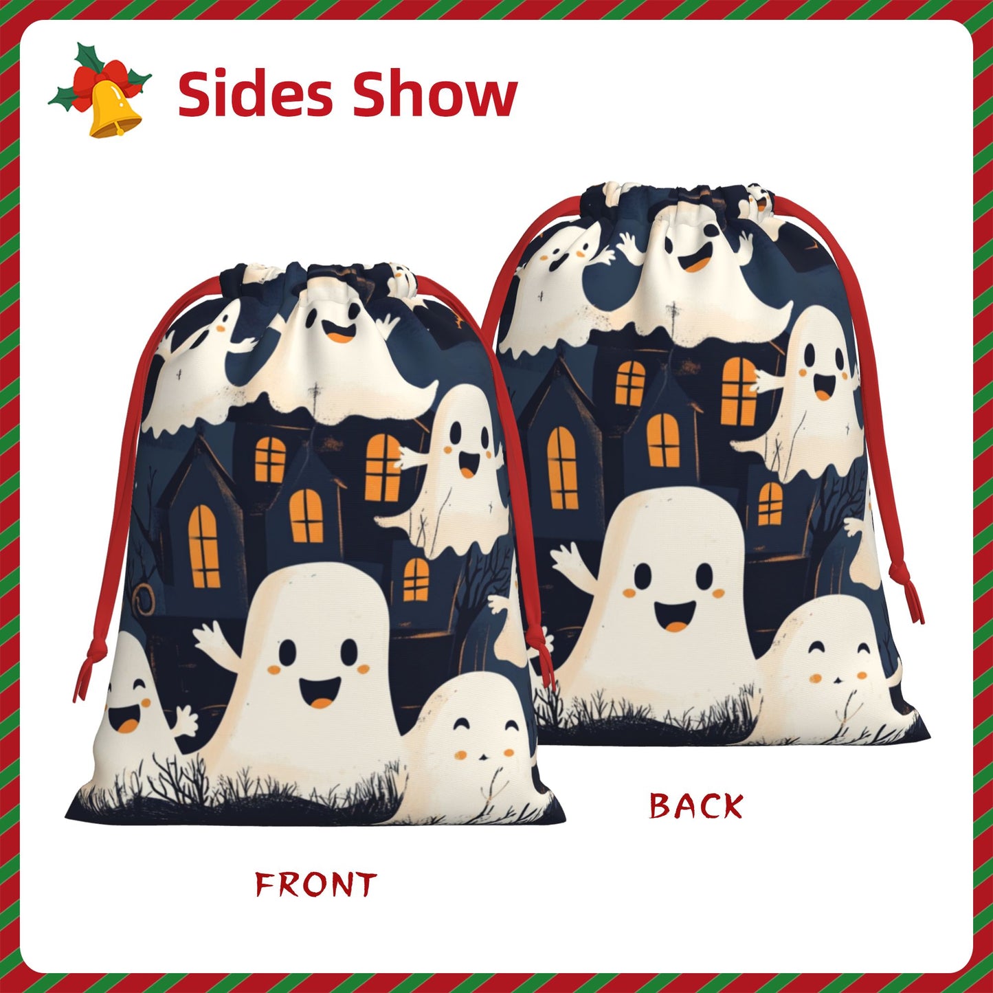 Halloween Haunted House Ghost Print Ultra-Soft Velvet Drawstring Gift Bag Large-Capacity Storage Pouch (30×40cm)