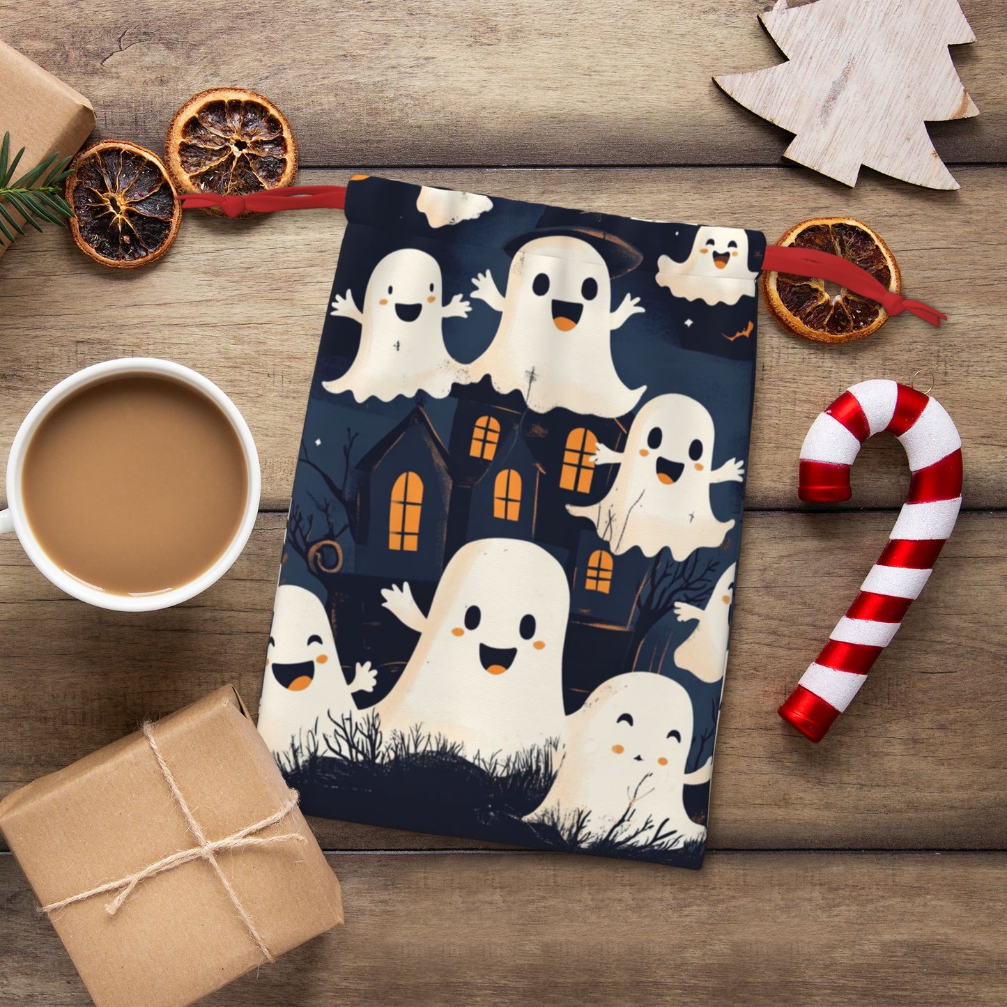 Halloween Haunted House Ghost Print Ultra-Soft Velvet Drawstring Gift Bag Large-Capacity Storage Pouch (30×40cm)