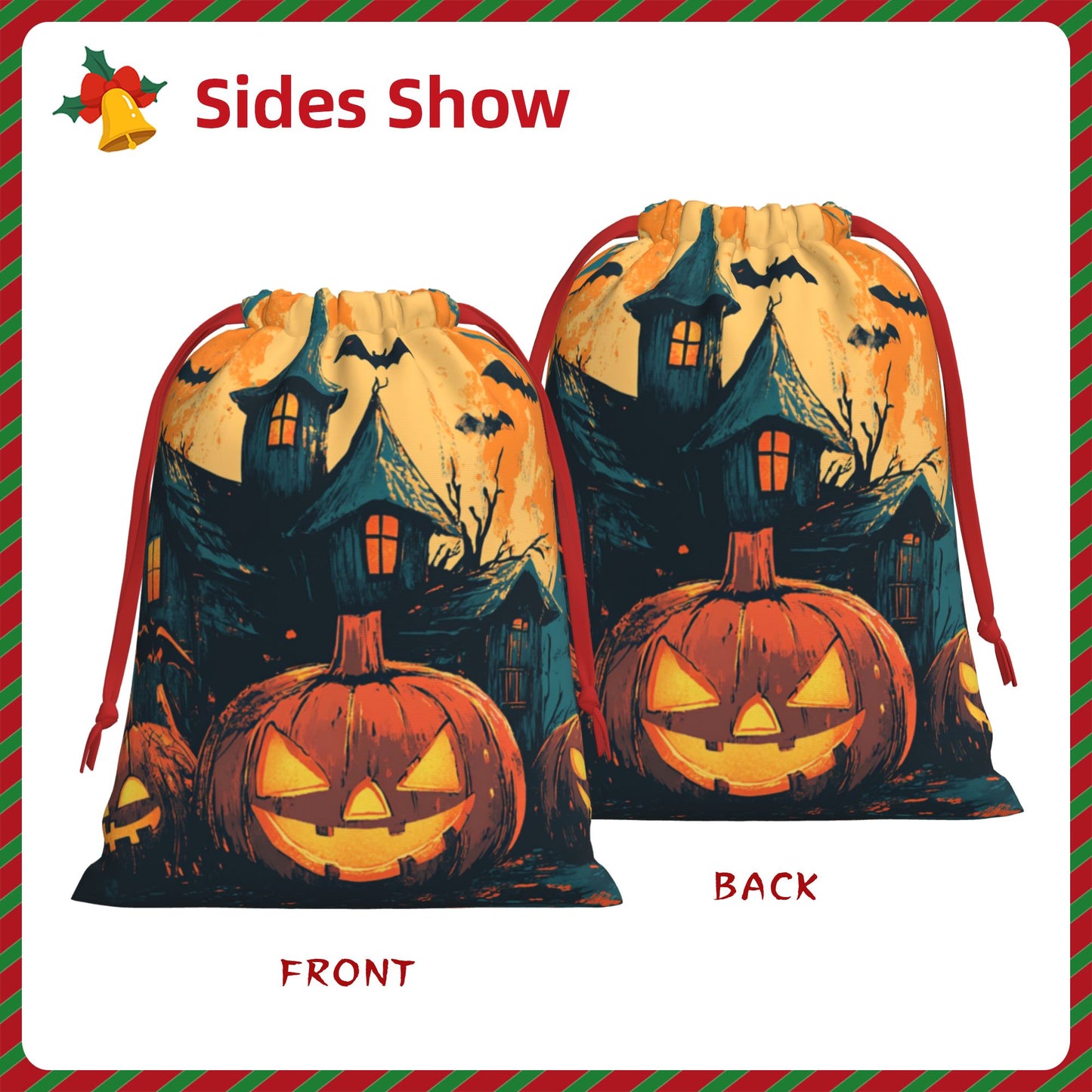 Halloween Pumpkin Lantern & Haunted House Print Ultra-Soft Velvet Drawstring Gift Bag Large-Capacity Storage Pouch (30×40cm)