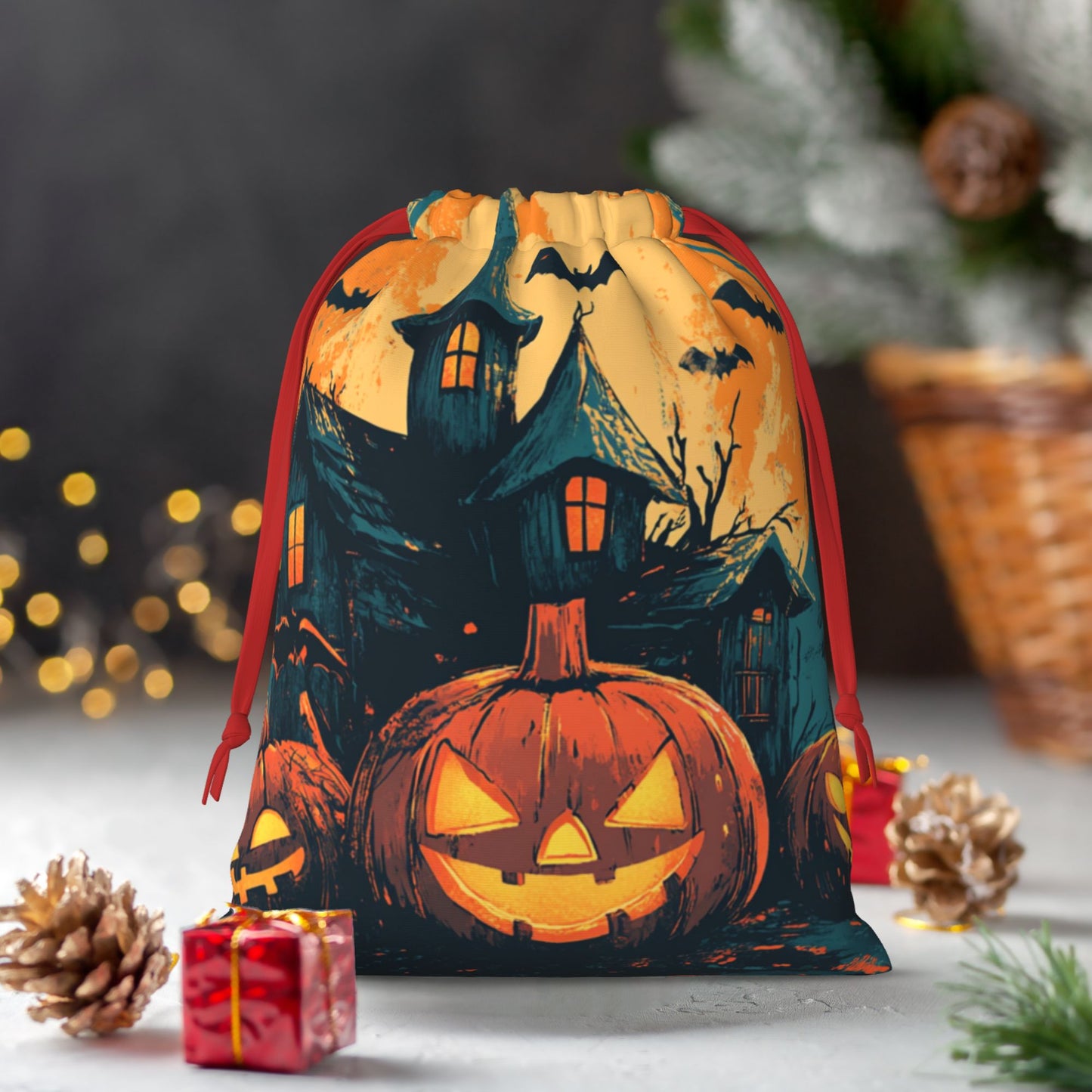 Halloween Pumpkin Lantern & Haunted House Print Ultra-Soft Velvet Drawstring Gift Bag Large-Capacity Storage Pouch (30×40cm)