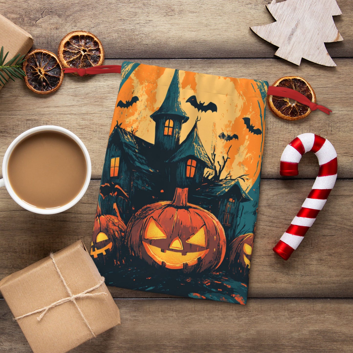 Halloween Pumpkin Lantern & Haunted House Print Ultra-Soft Velvet Drawstring Gift Bag Large-Capacity Storage Pouch (30×40cm)