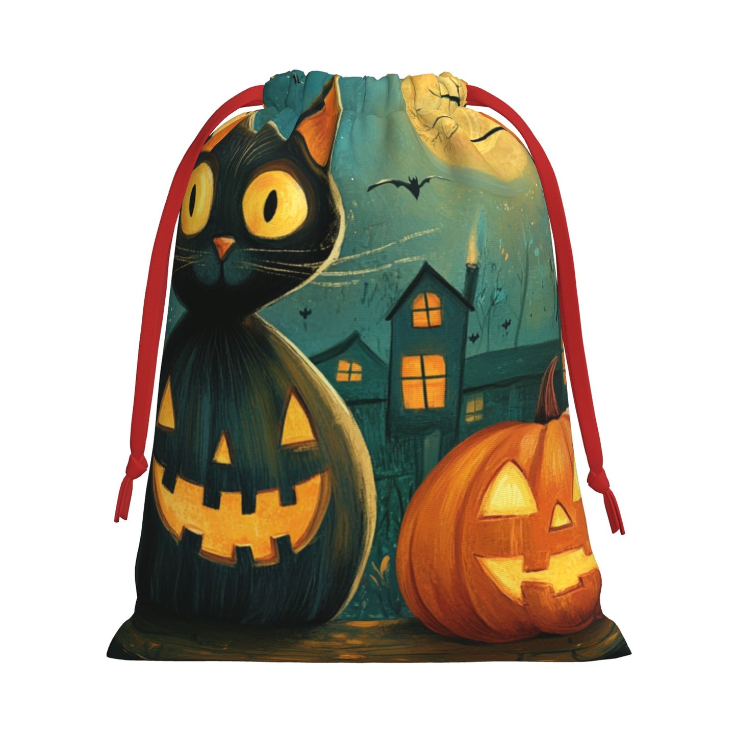 Halloween Black Cat & Pumpkin Lantern Print Ultra-Soft Velvet Drawstring Gift Bag Large-Capacity Storage Pouch (30×40cm)