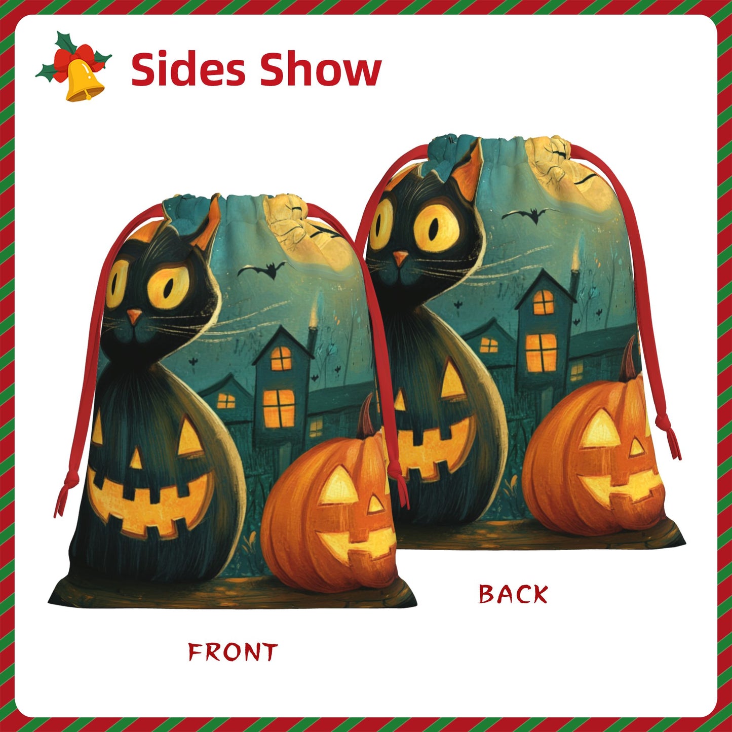Halloween Black Cat & Pumpkin Lantern Print Ultra-Soft Velvet Drawstring Gift Bag Large-Capacity Storage Pouch (30×40cm)