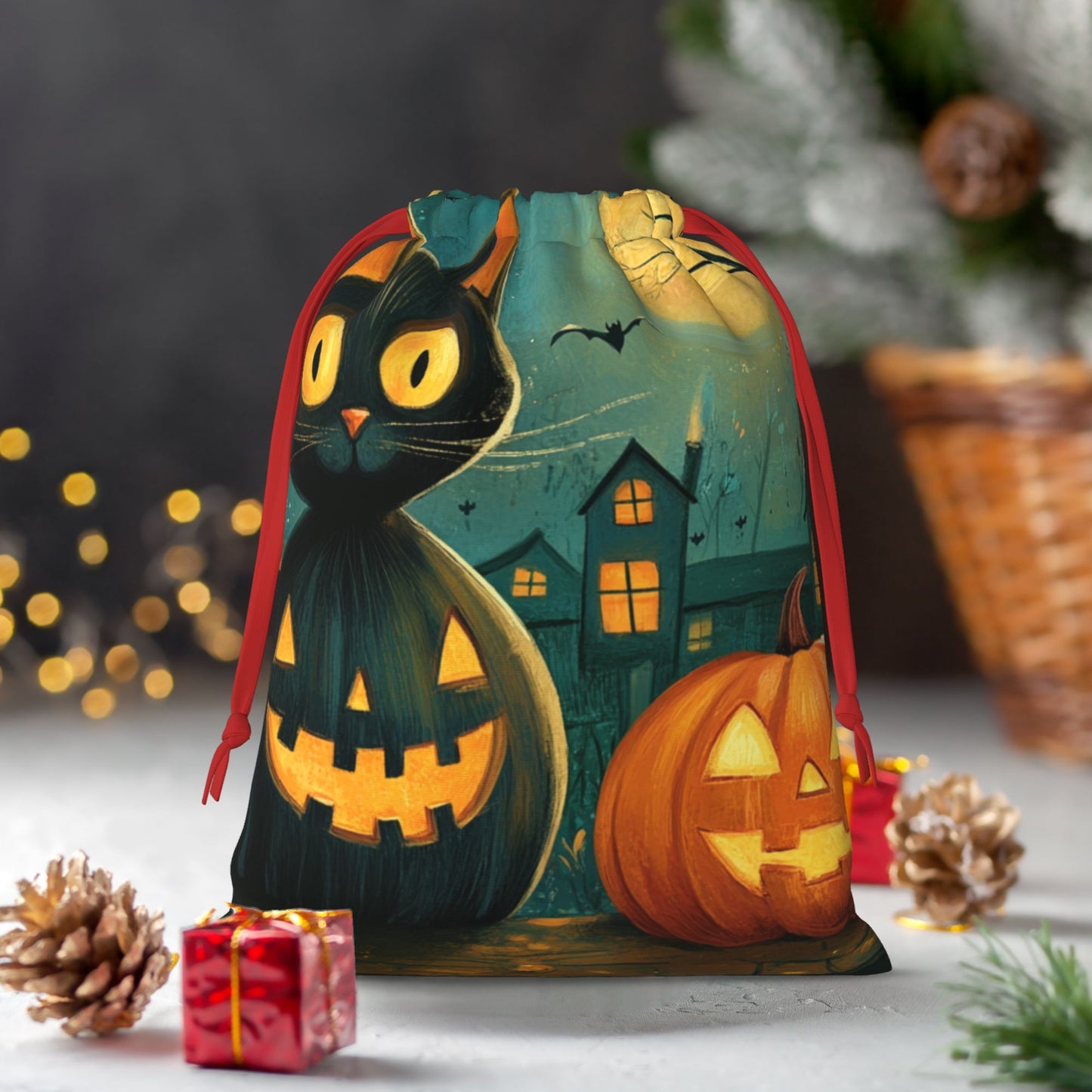 Halloween Black Cat & Pumpkin Lantern Print Ultra-Soft Velvet Drawstring Gift Bag Large-Capacity Storage Pouch (30×40cm)
