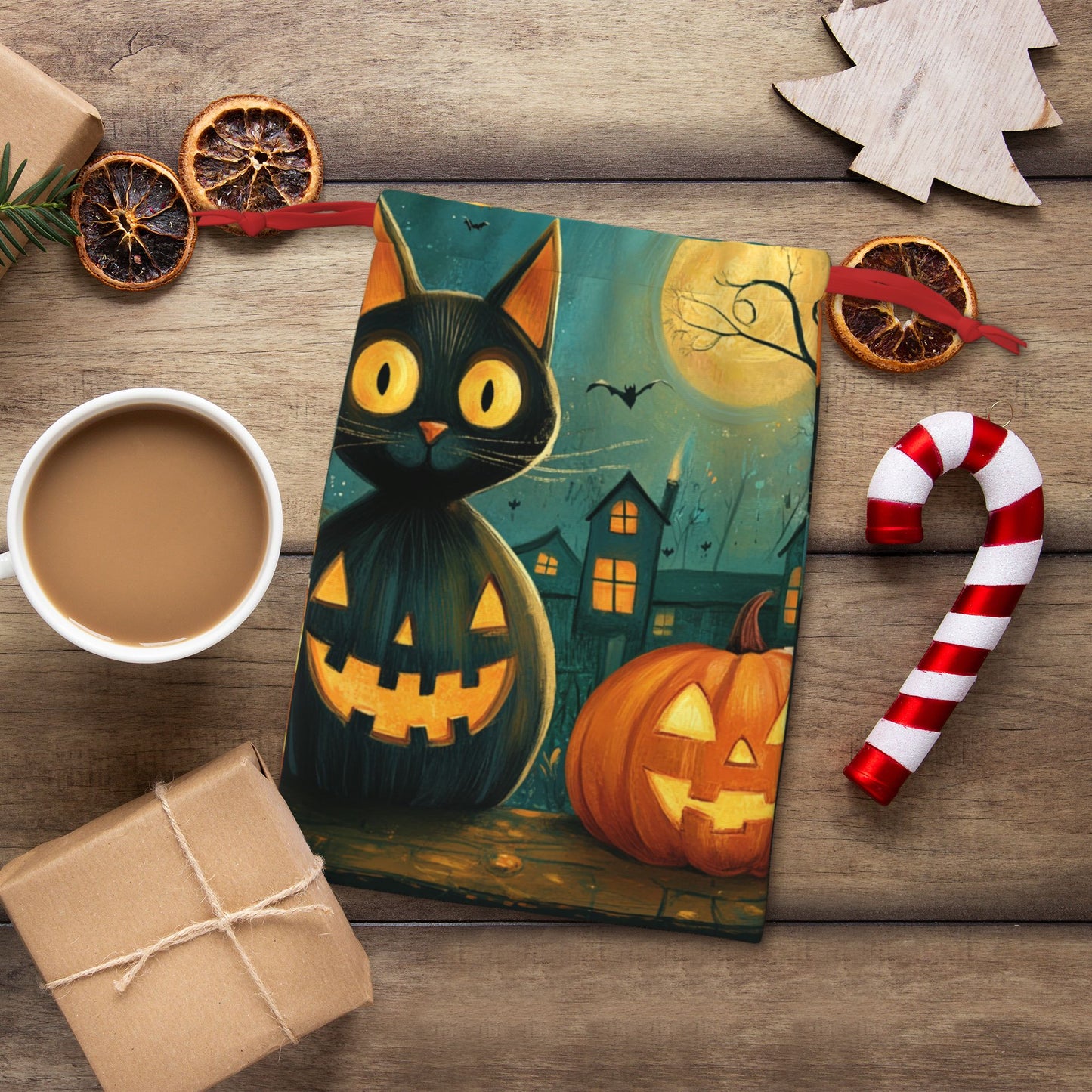 Halloween Black Cat & Pumpkin Lantern Print Ultra-Soft Velvet Drawstring Gift Bag Large-Capacity Storage Pouch (30×40cm)