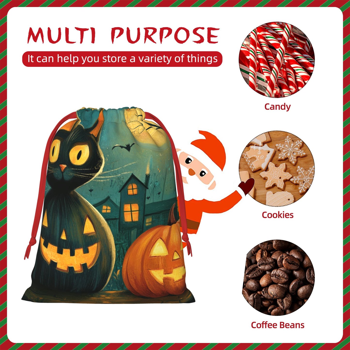 Halloween Black Cat & Pumpkin Lantern Print Ultra-Soft Velvet Drawstring Gift Bag Large-Capacity Storage Pouch (30×40cm)