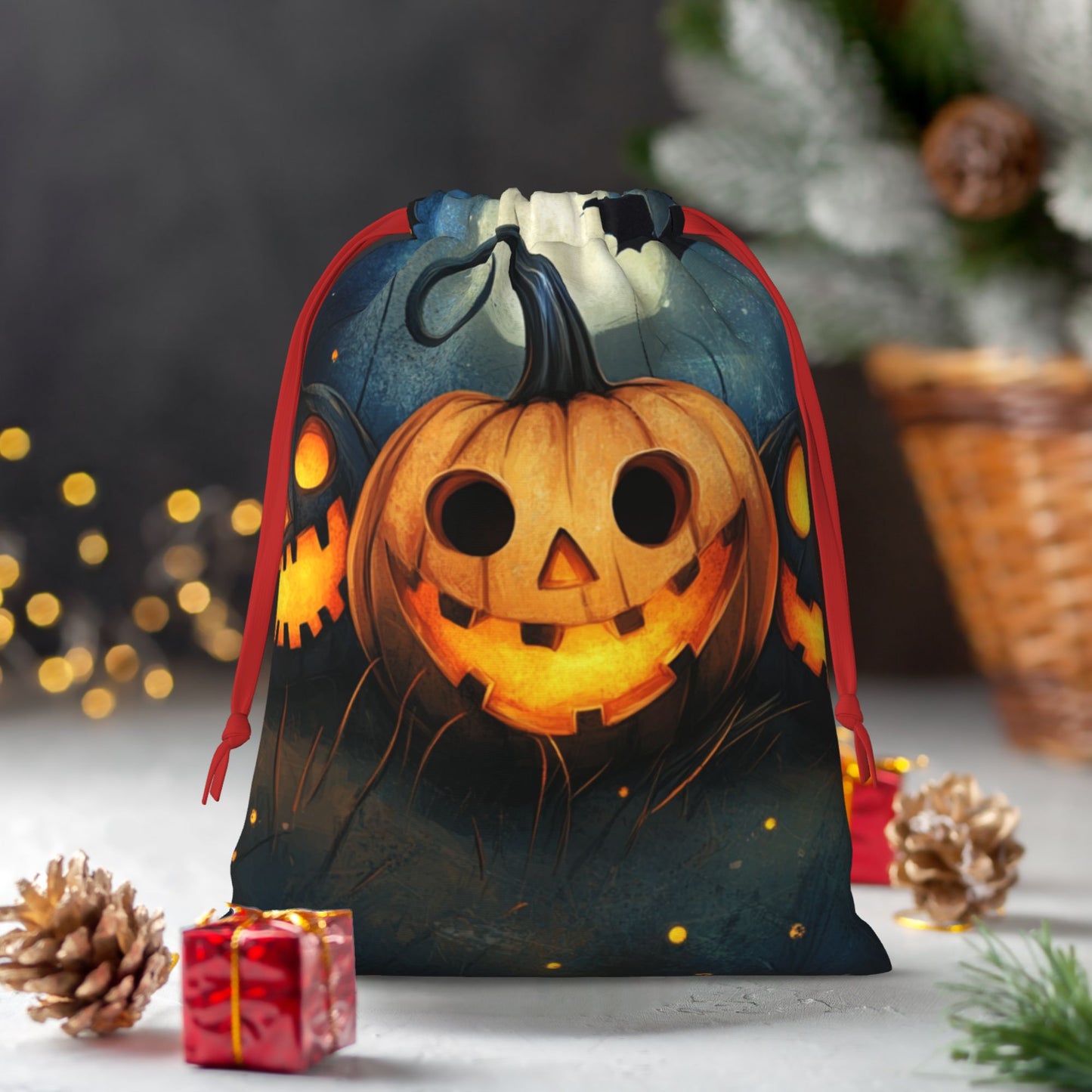 Halloween Round-Eye Pumpkin Lantern Print Ultra-Soft Velvet Drawstring Gift Bag Large-Capacity Storage Pouch (30×40cm)