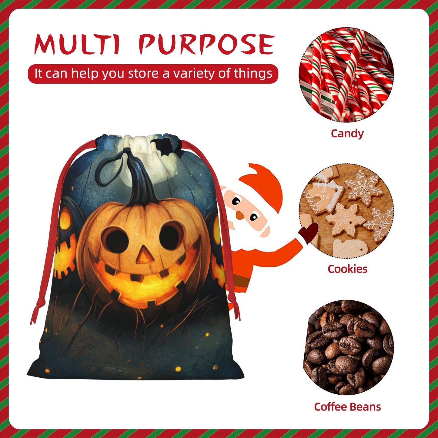 Halloween Round-Eye Pumpkin Lantern Print Ultra-Soft Velvet Drawstring Gift Bag Large-Capacity Storage Pouch (30×40cm)