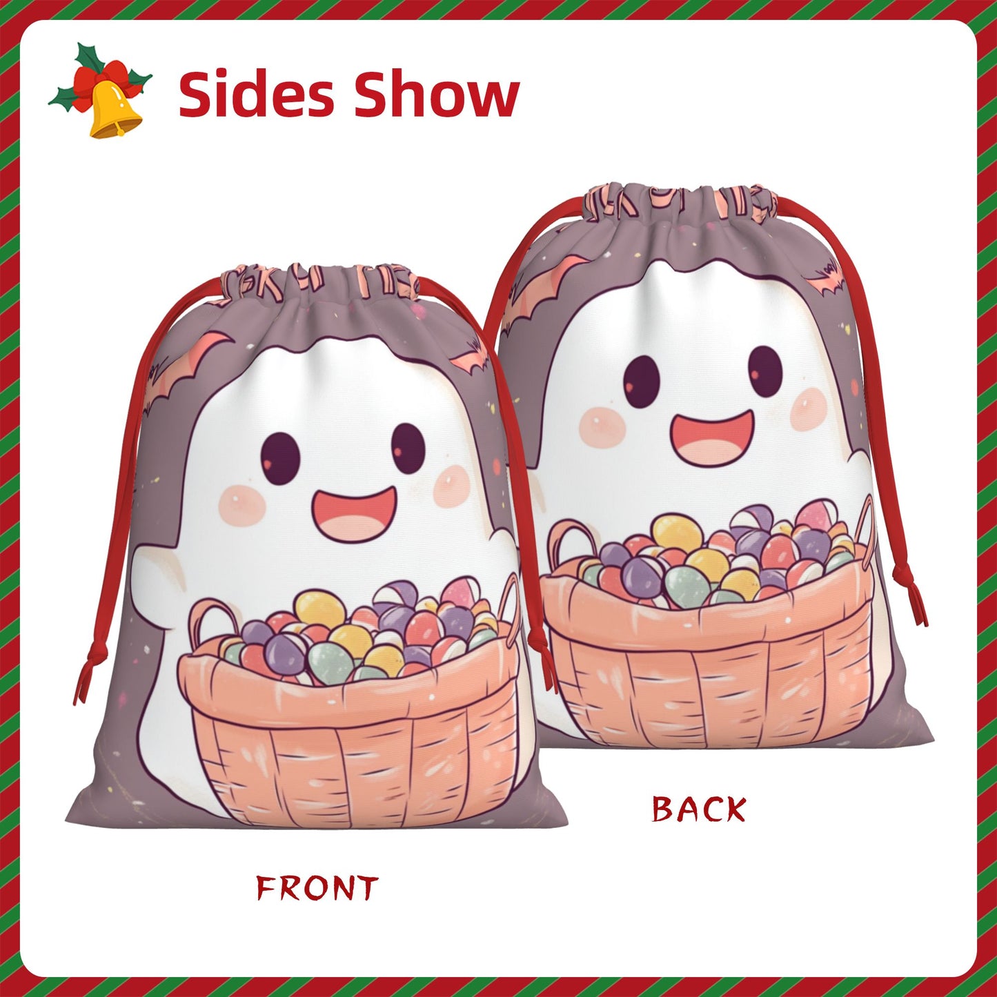 Halloween Cute Ghost with Candy Basket Print Ultra-Soft Velvet Drawstring Gift Bag Large-Capacity Storage Pouch (30Γ40cm)
