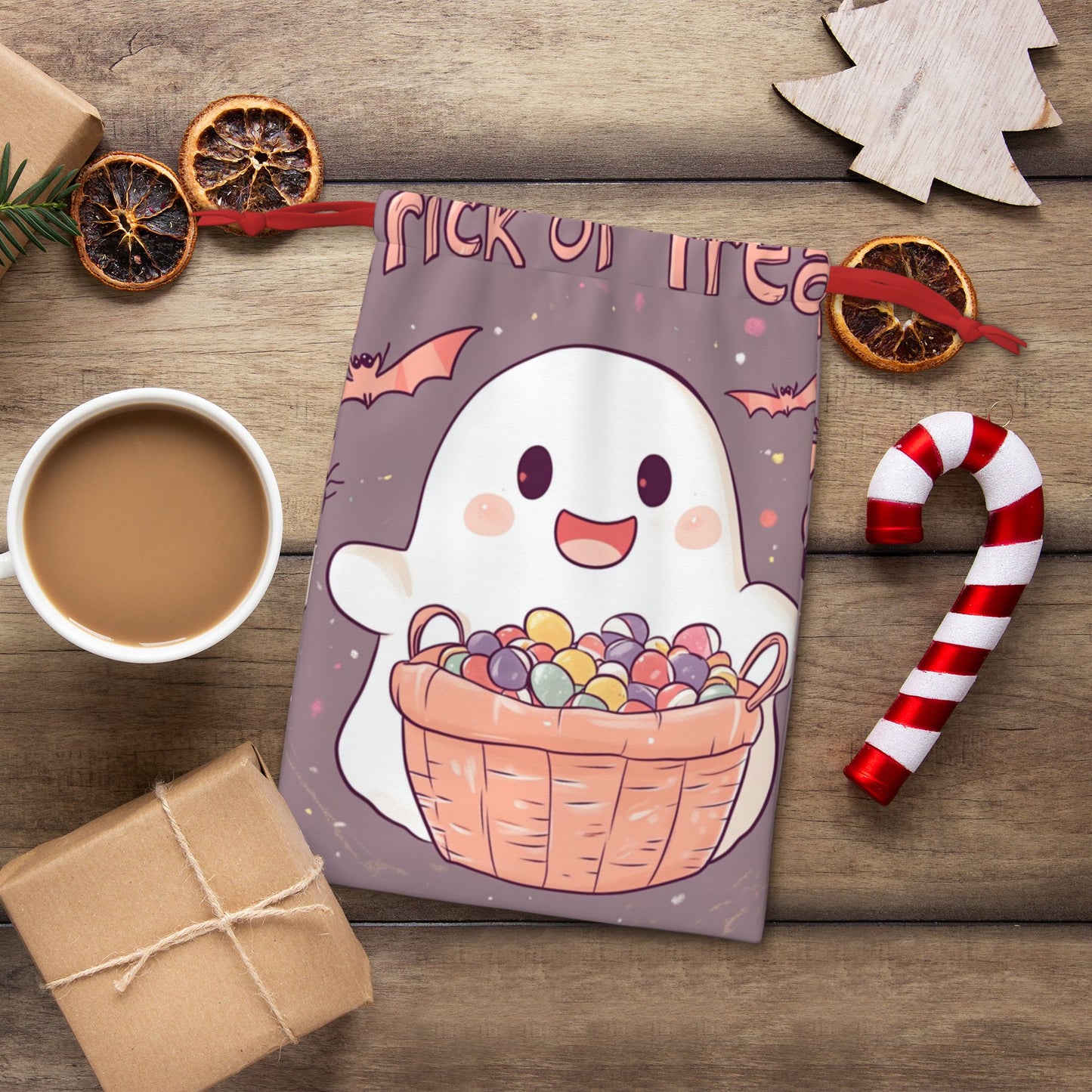 Halloween Cute Ghost with Candy Basket Print Ultra-Soft Velvet Drawstring Gift Bag Large-Capacity Storage Pouch (30Γ40cm)