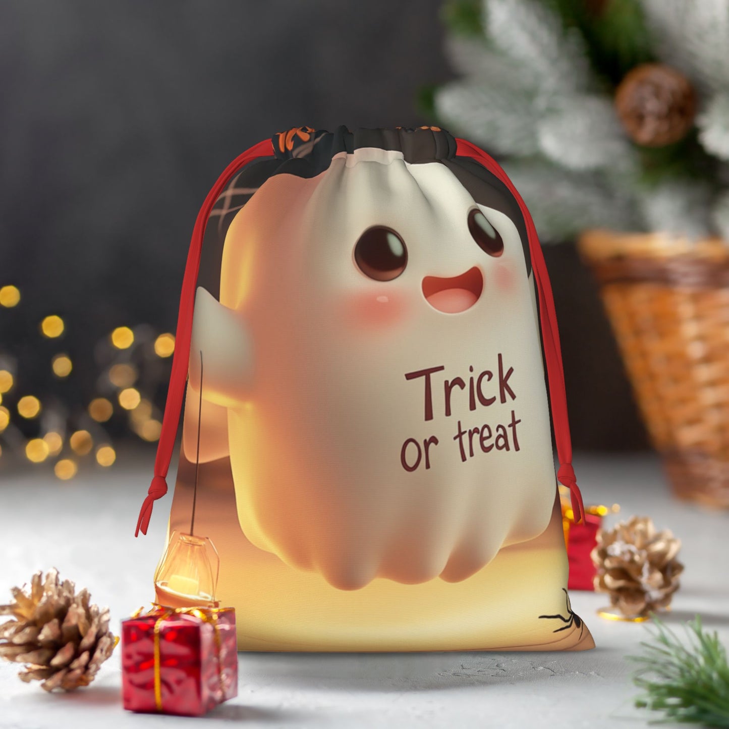 Halloween Cute Ghost Print Ultra-Soft Velvet Drawstring Gift Bag Large-Capacity Storage Pouch (30Γ40cm)