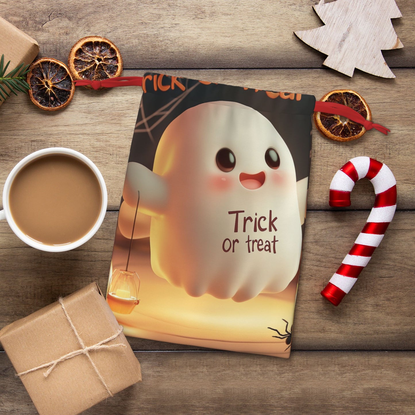 Halloween Cute Ghost Print Ultra-Soft Velvet Drawstring Gift Bag Large-Capacity Storage Pouch (30Γ40cm)