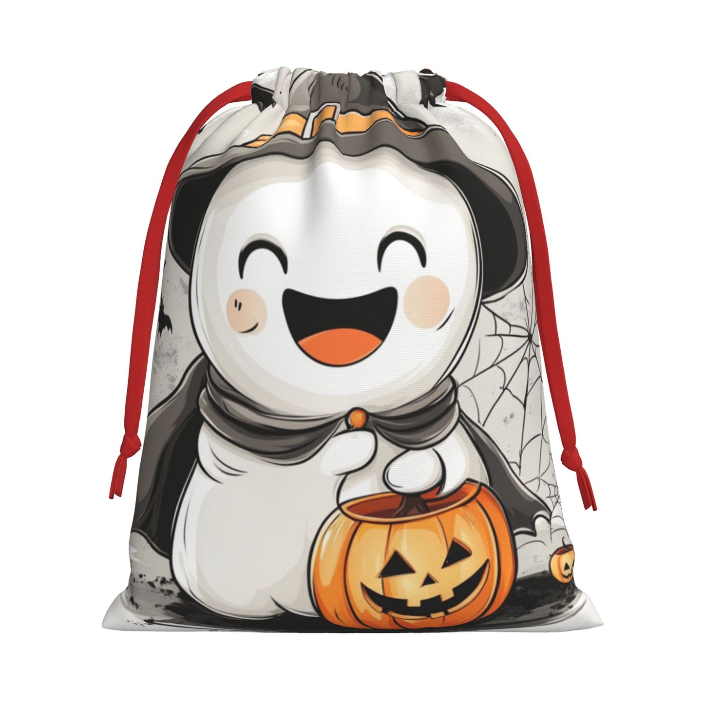 Halloween Cute Ghost Holding Pumpkin Lantern Print Ultra-Soft Velvet Drawstring Gift Bag Large-Capacity Storage Pouch (30Γ40cm)