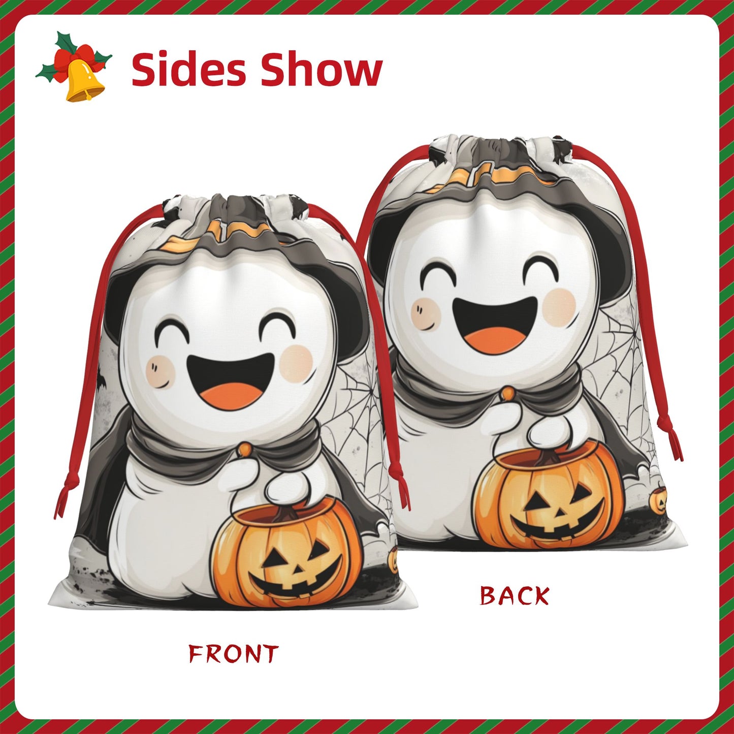 Halloween Cute Ghost Holding Pumpkin Lantern Print Ultra-Soft Velvet Drawstring Gift Bag Large-Capacity Storage Pouch (30Γ40cm)