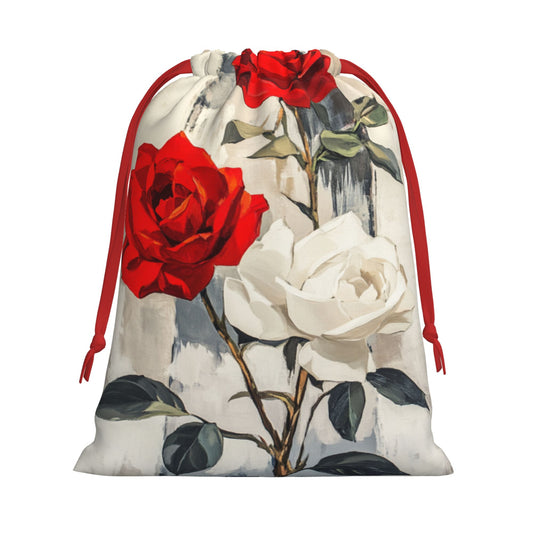 Red & White Rose Print Ultra-Soft Velvet Drawstring Gift Bag Large-Capacity Storage Pouch (30×40cm)