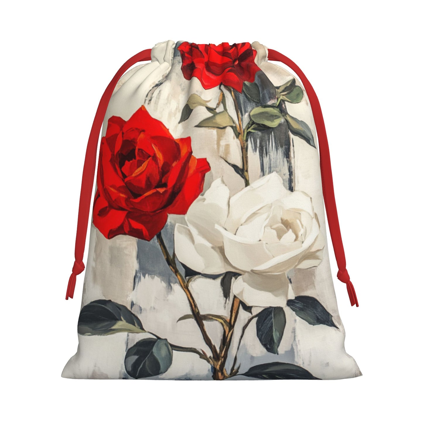 Red & White Rose Print Ultra-Soft Velvet Drawstring Gift Bag Large-Capacity Storage Pouch (30×40cm)