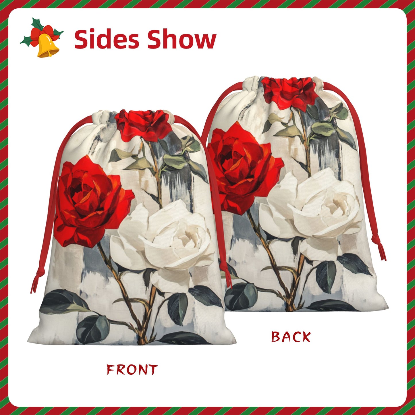 Red & White Rose Print Ultra-Soft Velvet Drawstring Gift Bag Large-Capacity Storage Pouch (30×40cm)