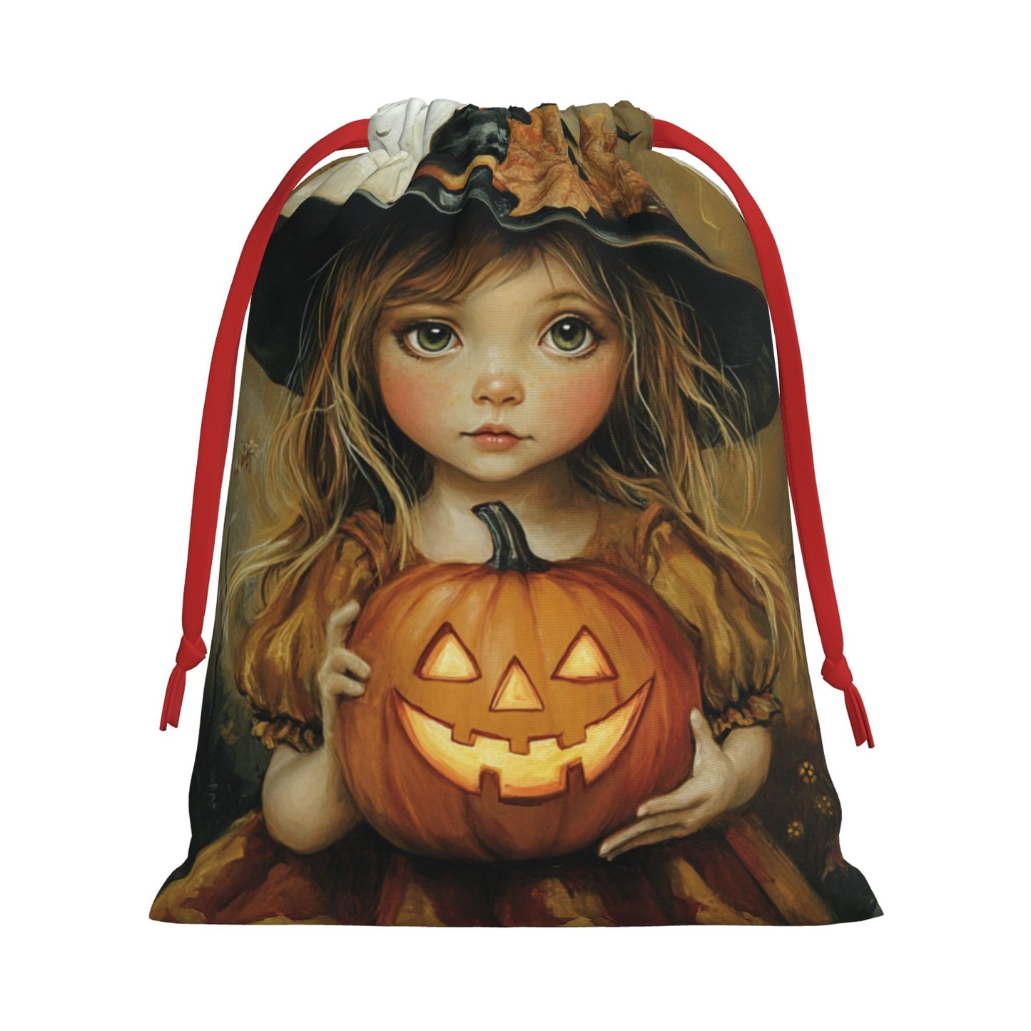 Halloween Girl with Pumpkin Lantern Print Ultra-Soft Velvet Drawstring Gift Bag Large-Capacity Storage Pouch (30×40cm)