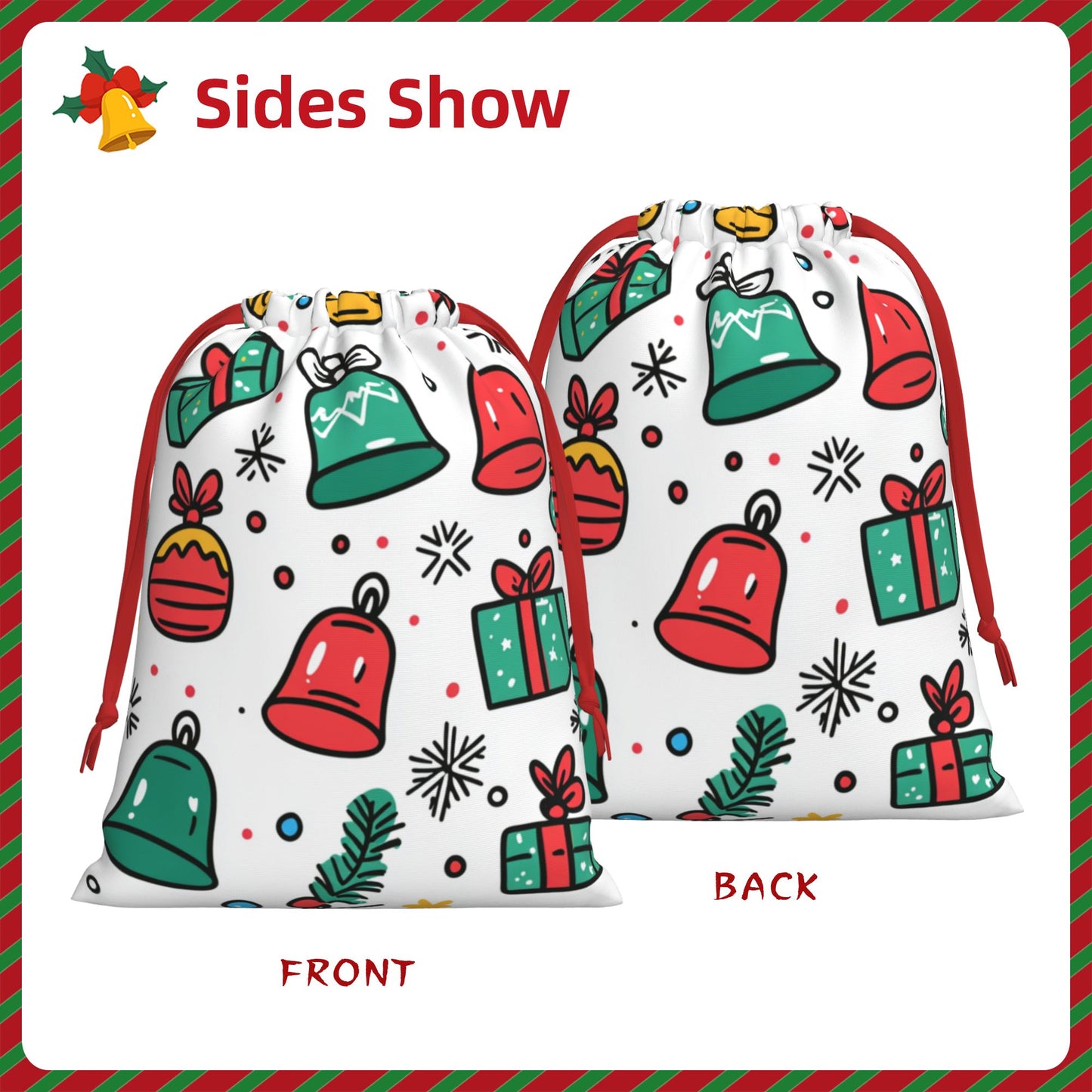 Christmas Gift & Bell Print Ultra-Soft Velvet Drawstring Gift Bag Large-Capacity Storage Pouch (30×40cm)