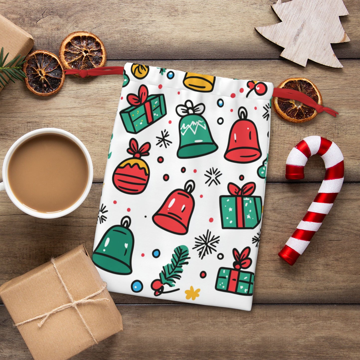 Christmas Gift & Bell Print Ultra-Soft Velvet Drawstring Gift Bag Large-Capacity Storage Pouch (30×40cm)