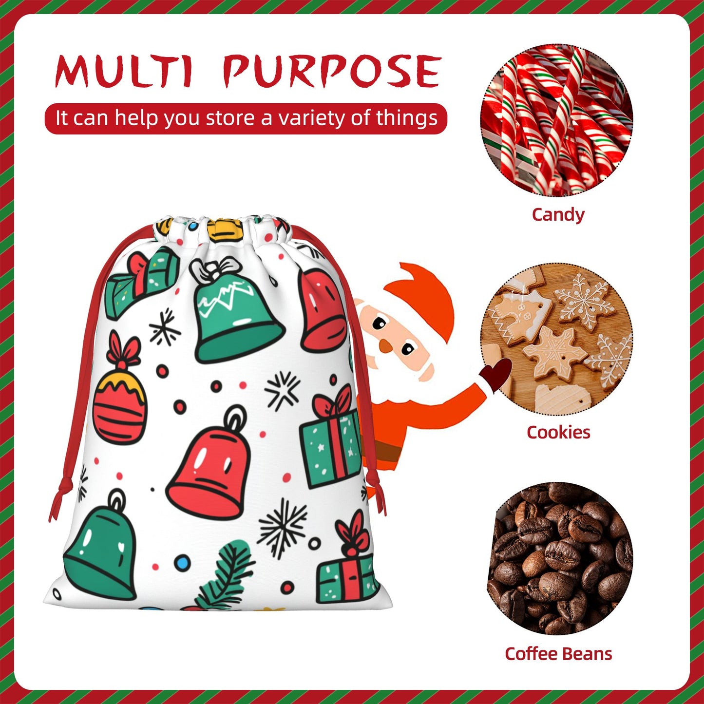 Christmas Gift & Bell Print Ultra-Soft Velvet Drawstring Gift Bag Large-Capacity Storage Pouch (30×40cm)