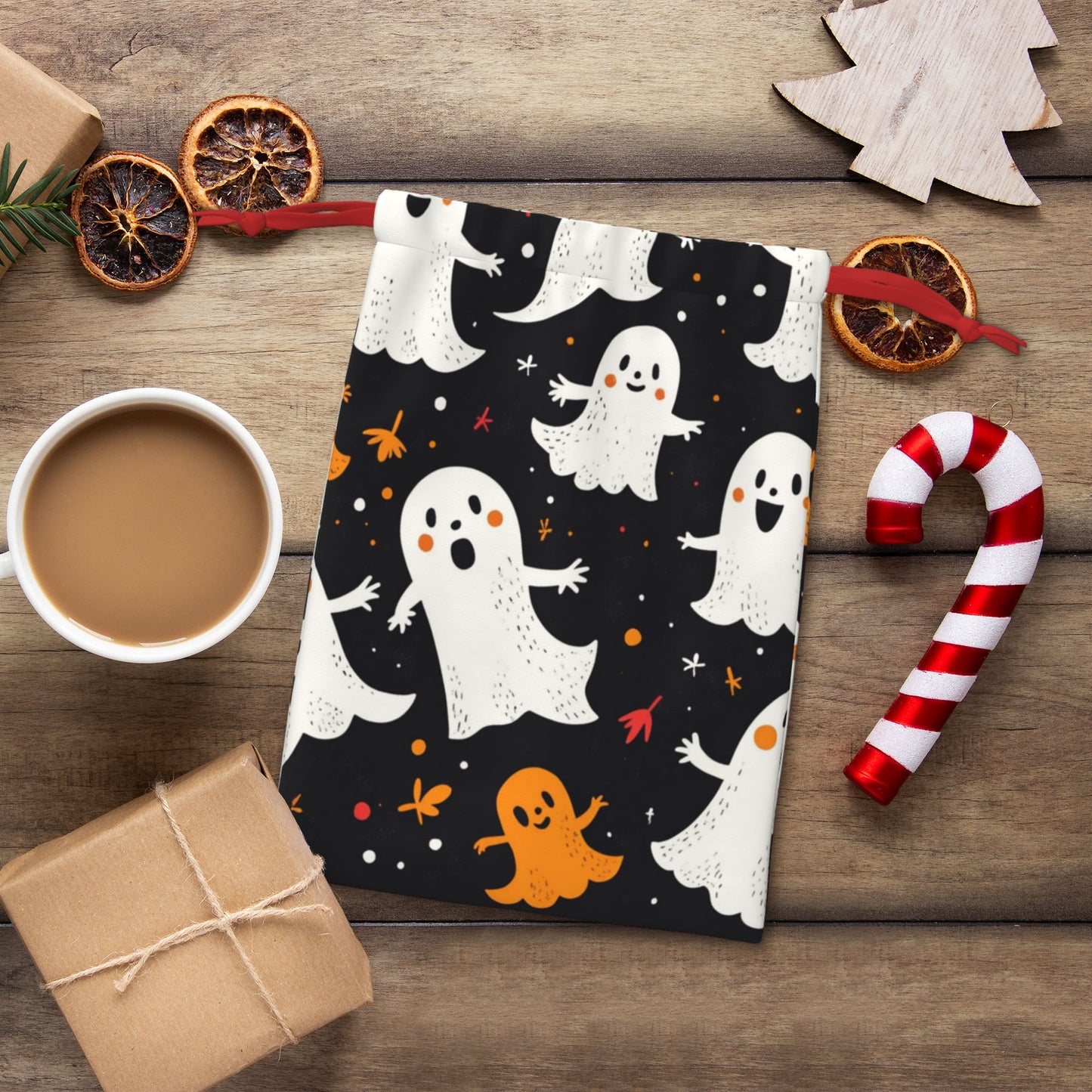 Halloween Cartoon Ghost Print Ultra-Soft Velvet Drawstring Gift Bag Large-Capacity Storage Pouch (30×40cm)