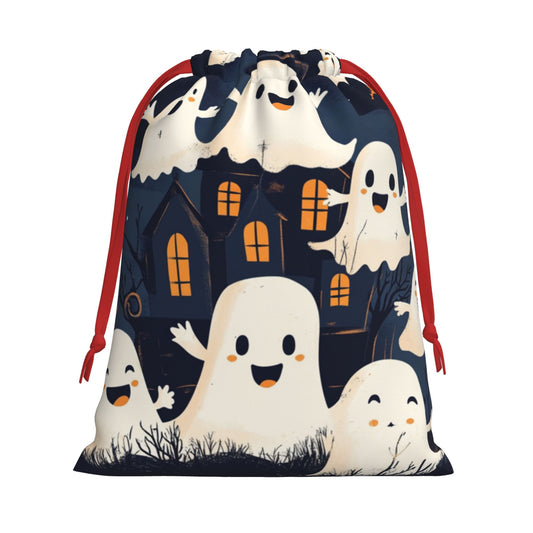Halloween Haunted House Ghost Print Ultra-Soft Velvet Drawstring Gift Bag Large-Capacity Storage Pouch (30×40cm)