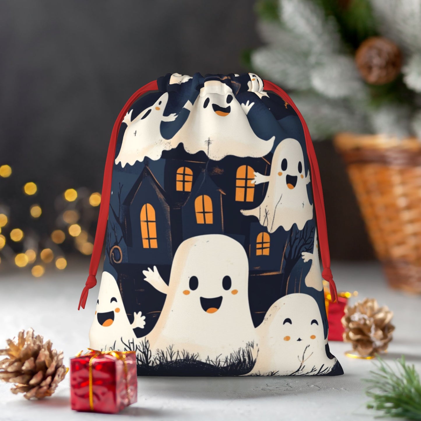 Halloween Haunted House Ghost Print Ultra-Soft Velvet Drawstring Gift Bag Large-Capacity Storage Pouch (30×40cm)